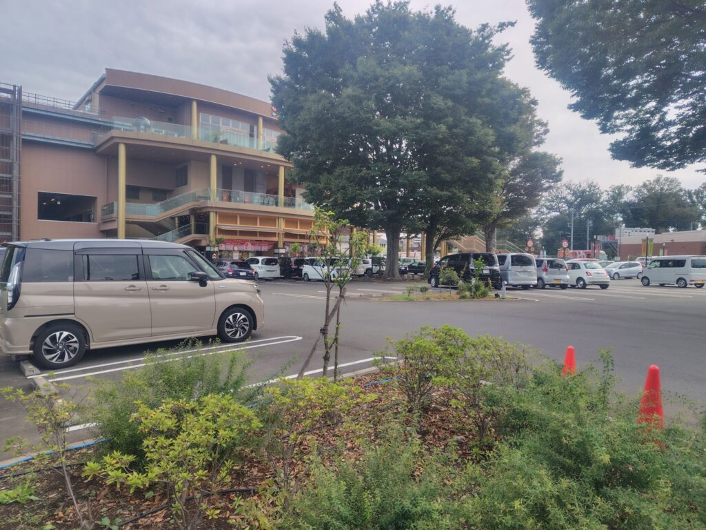 スパジャポ平日10時の駐車場。チラホラ止まっている程度で空いてます。